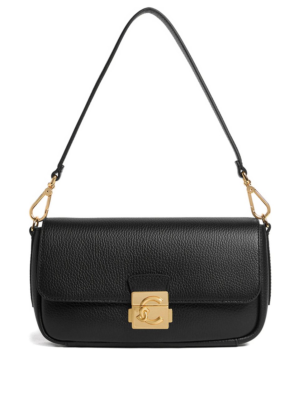 Coccinelle Pebbled Leather Shoulder Bag with Gold Lock Closure Zwart