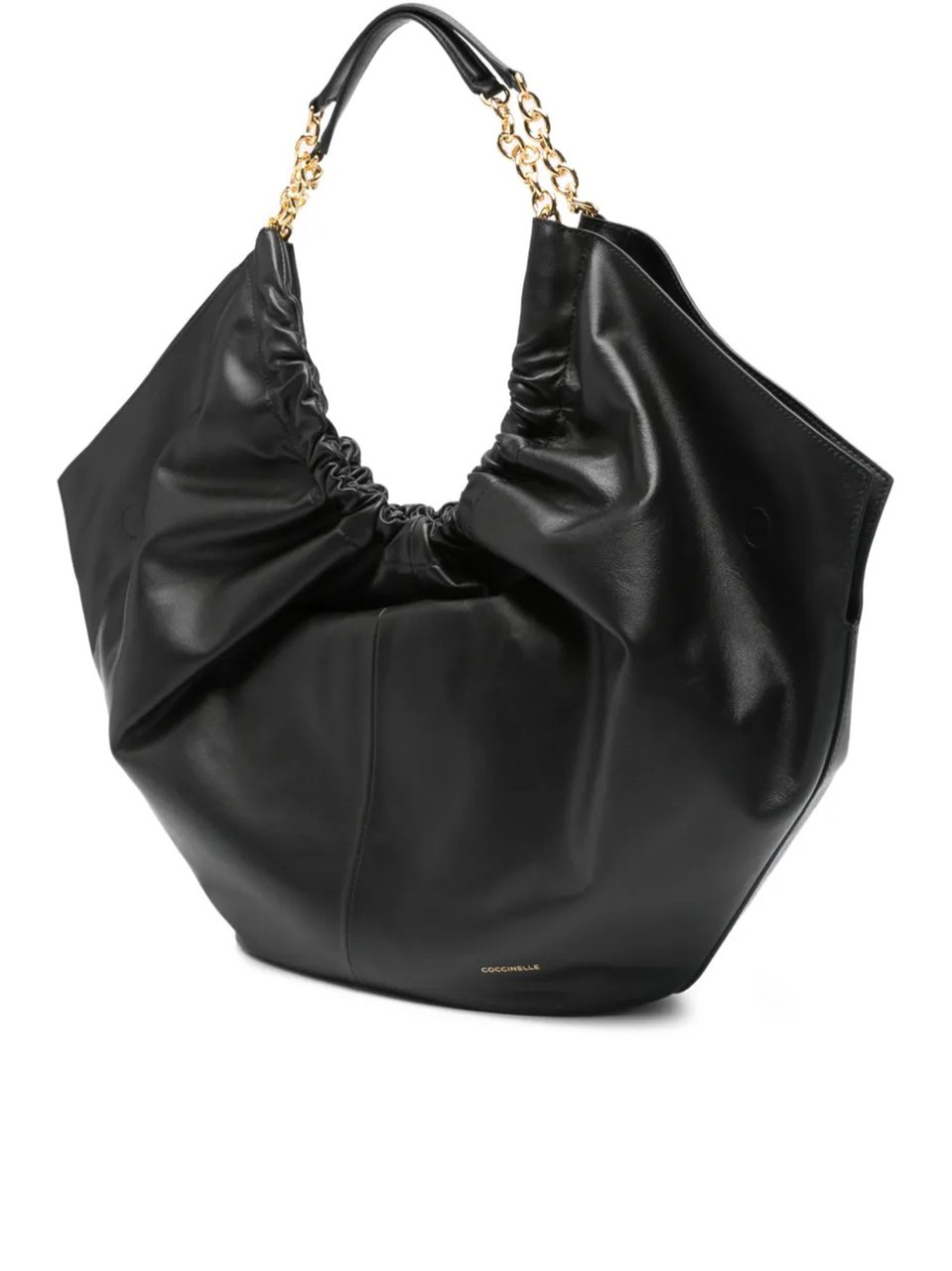 Coccinelle Spacious Ruched Leather Handbag With Gold Chain Accents Bruin
