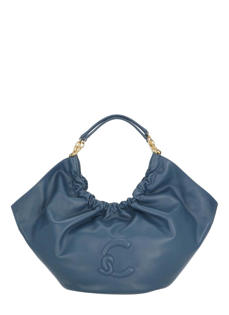 Coccinelle Medium Shoulder Bag In Smooth Blue Leather With Gathered Design Blauw