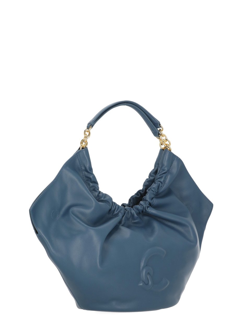 Coccinelle Medium Shoulder Bag In Smooth Blue Leather With Gathered Design Blauw