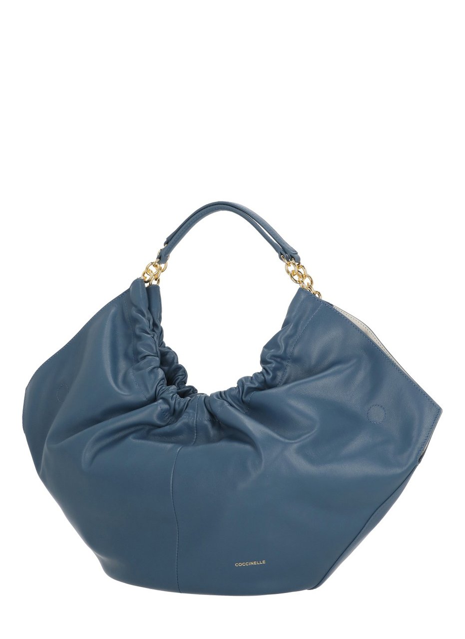 Coccinelle Medium Shoulder Bag In Smooth Blue Leather With Gathered Design Blauw