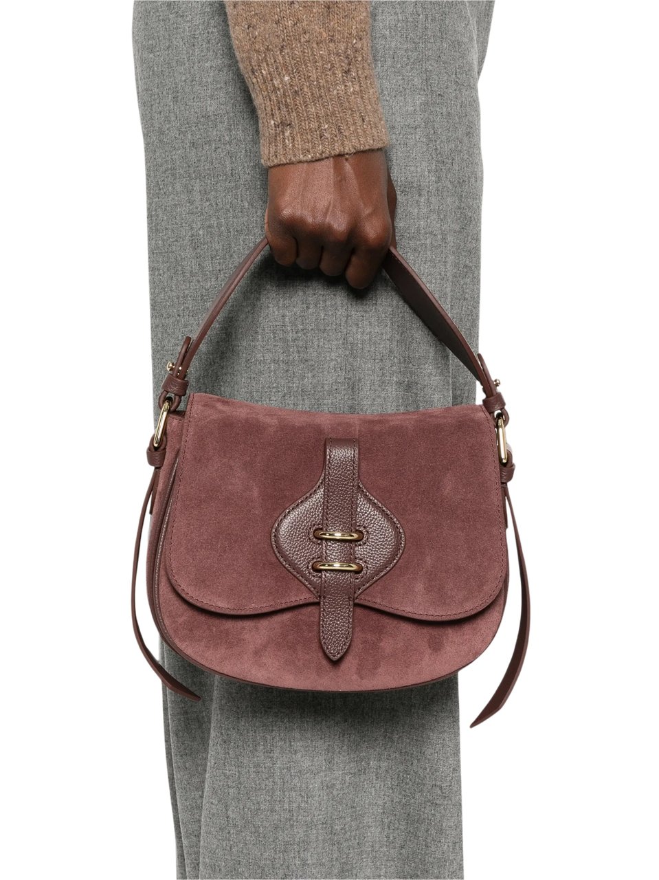 Coccinelle Mavery Suede Curved Suede Shoulder Bag Bruin