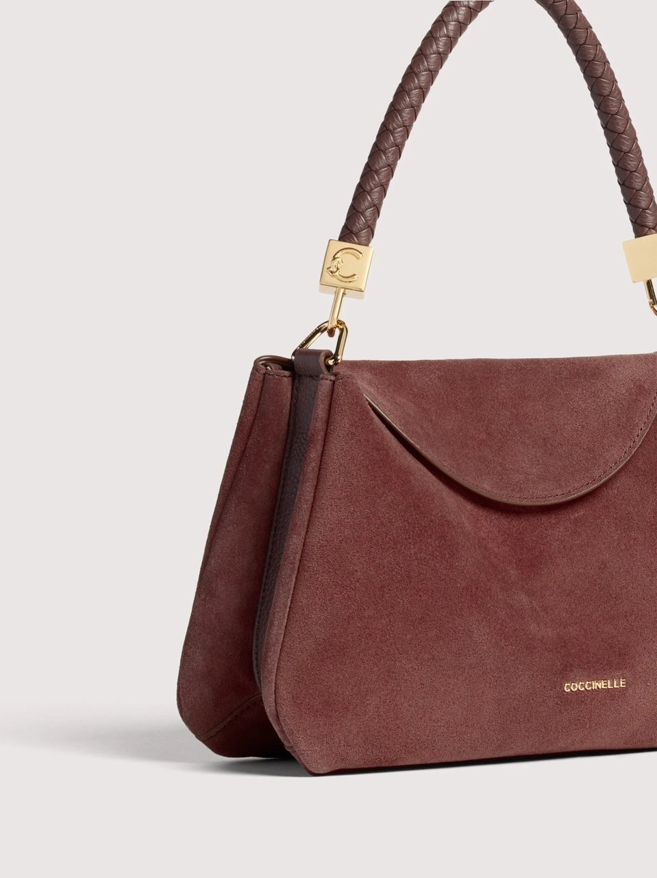 Coccinelle Structured Burgundy Suede Handbag with Braided Handle Maroon