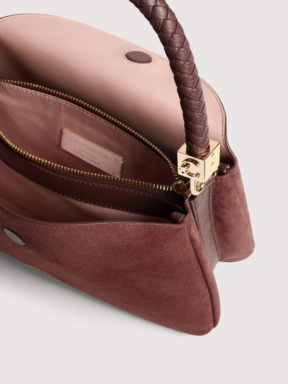 Coccinelle Structured Burgundy Suede Handbag with Braided Handle Maroon