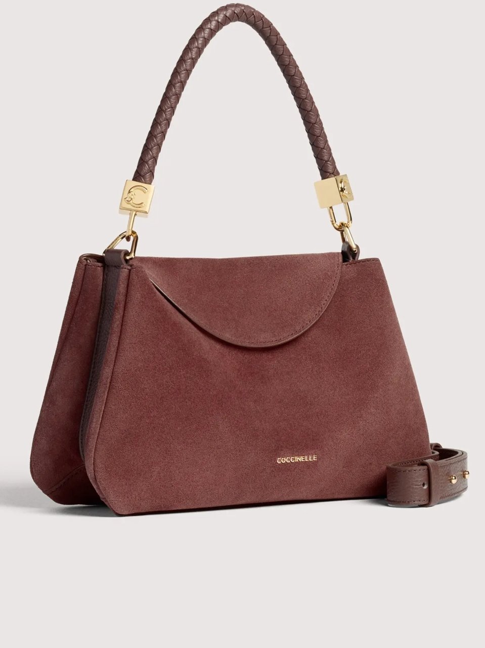 Coccinelle Structured Burgundy Suede Handbag with Braided Handle Maroon