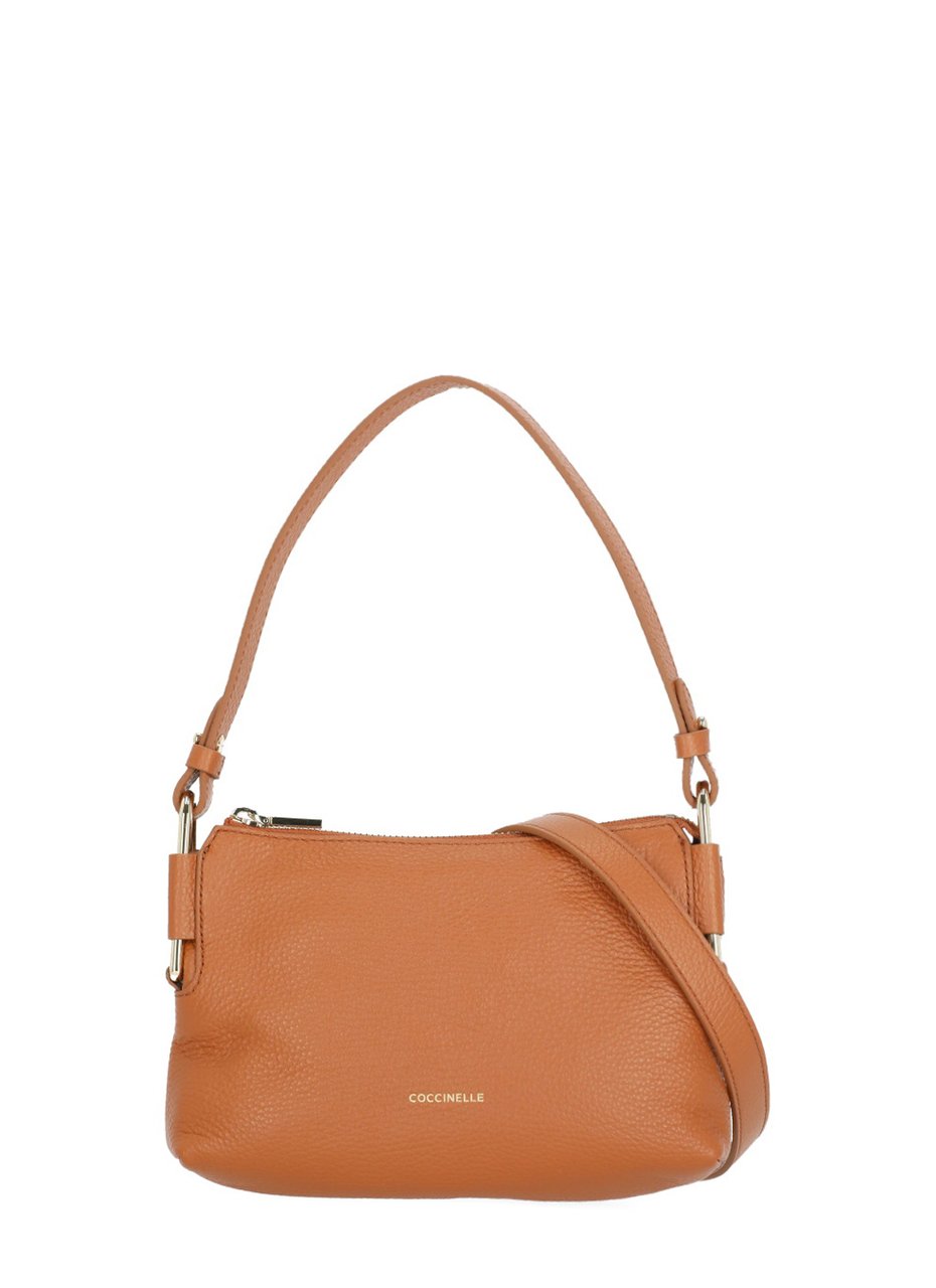 Coccinelle Compact Pebbled Leather Shoulder Bag With Gold Logo Bruin