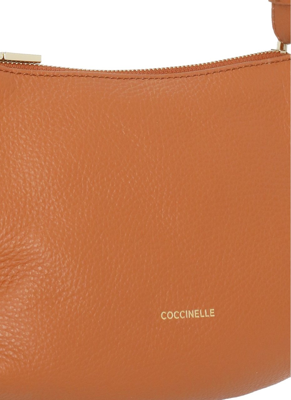 Coccinelle Compact Pebbled Leather Shoulder Bag With Gold Logo Bruin