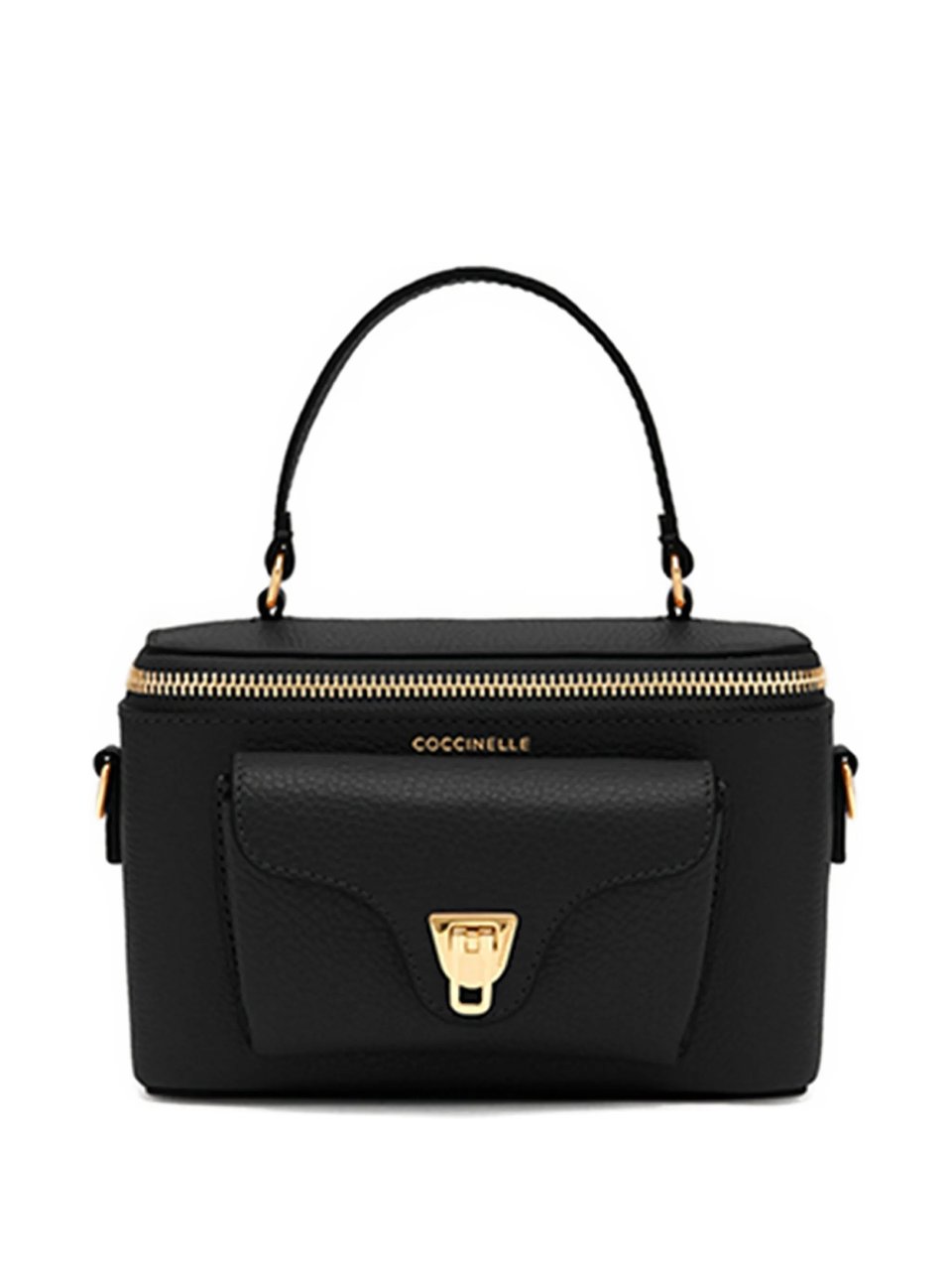 Coccinelle Structured Black Leather Shoulder Bag with Gold Accents Zwart
