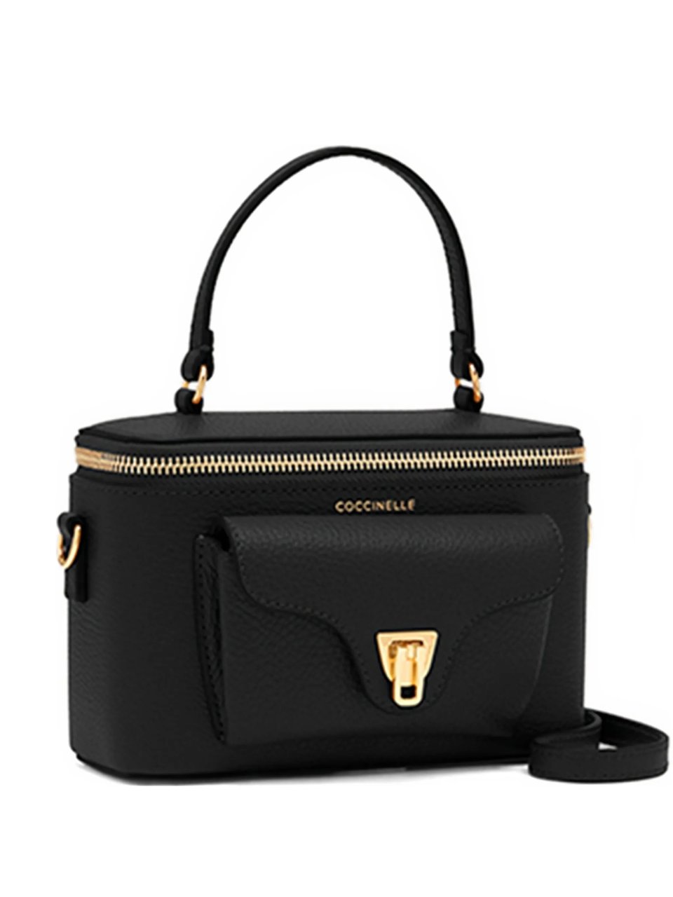 Coccinelle Structured Black Leather Shoulder Bag with Gold Accents Zwart