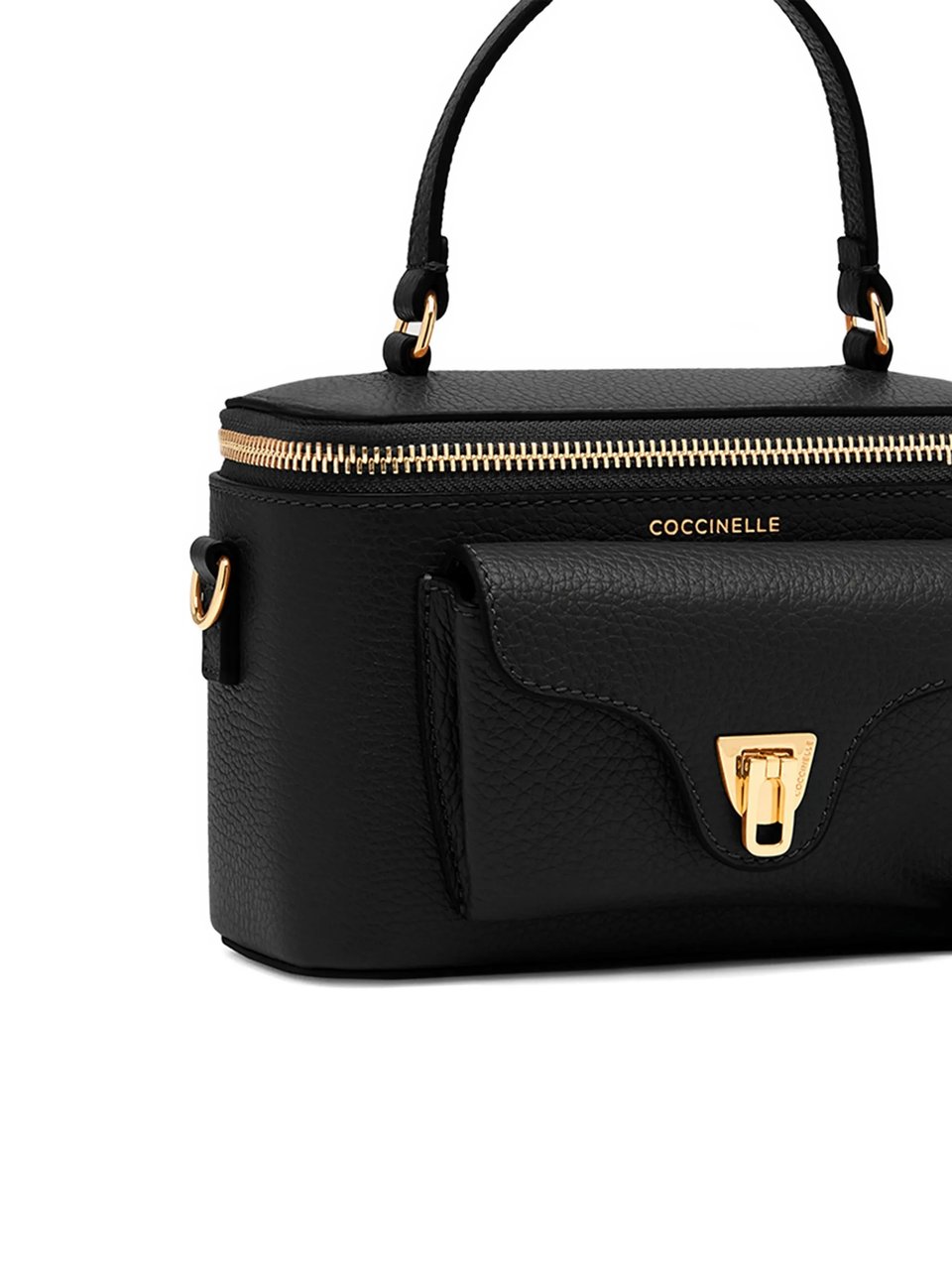 Coccinelle Structured Black Leather Shoulder Bag with Gold Accents Zwart
