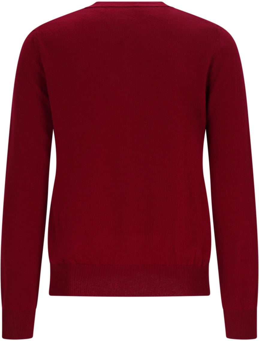 Comme des Garçons Burgundy V-Neck Iconic Heart Wool Cardigan Maroon