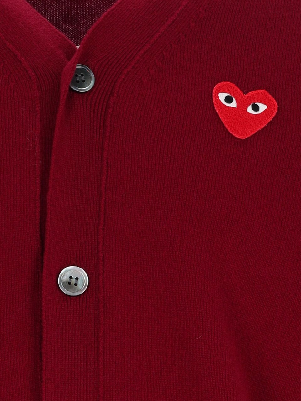Comme des Garçons Burgundy V-Neck Iconic Heart Wool Cardigan Maroon