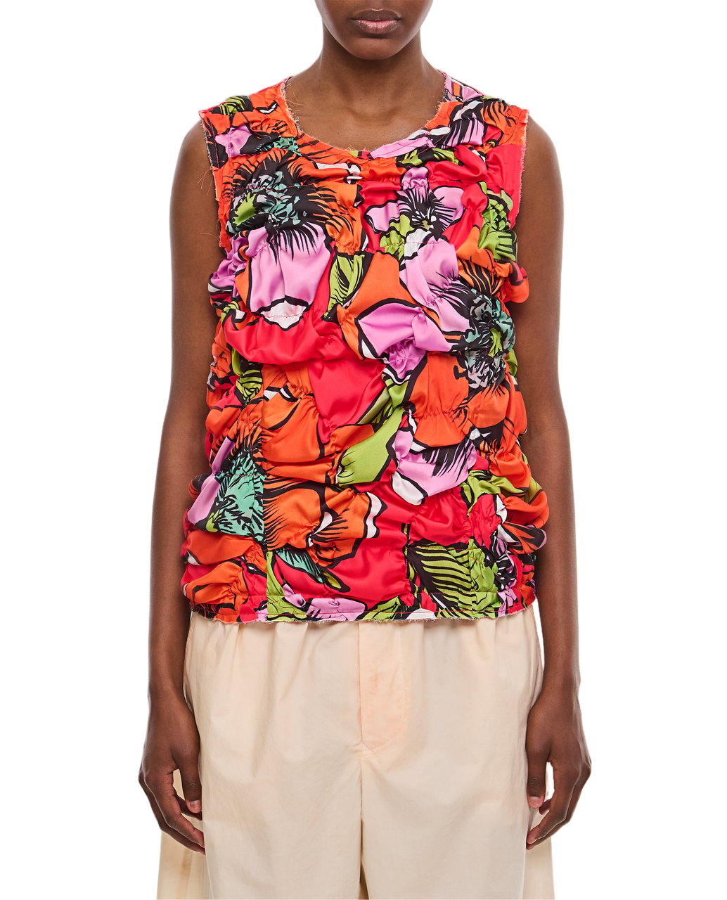 Comme des Garçons Pleated Floral Top with Draped Effect and Zipped Back Closure Rood