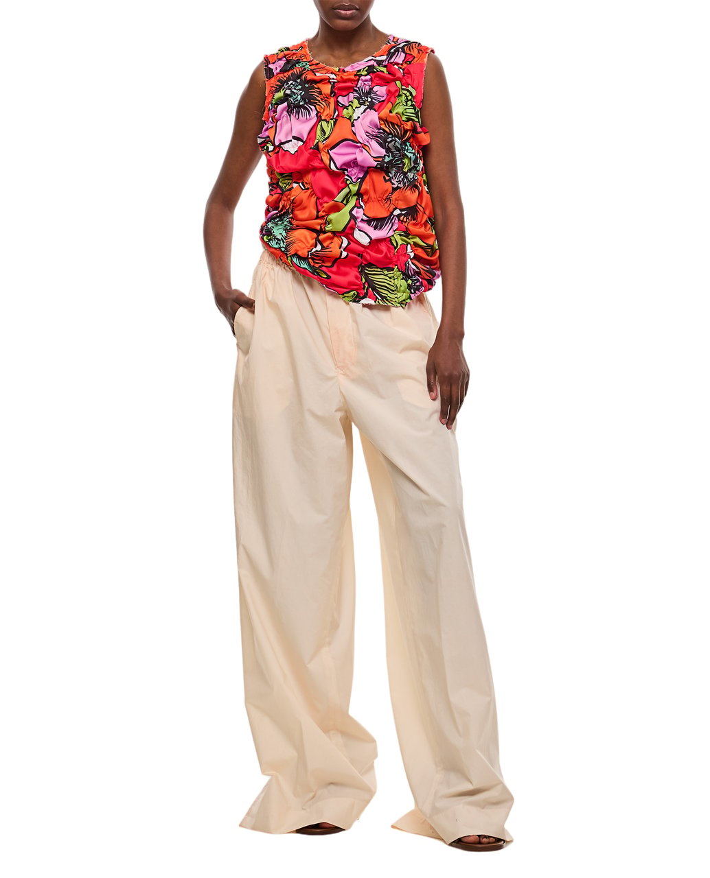 Comme des Garçons Pleated Floral Top with Draped Effect and Zipped Back Closure Rood