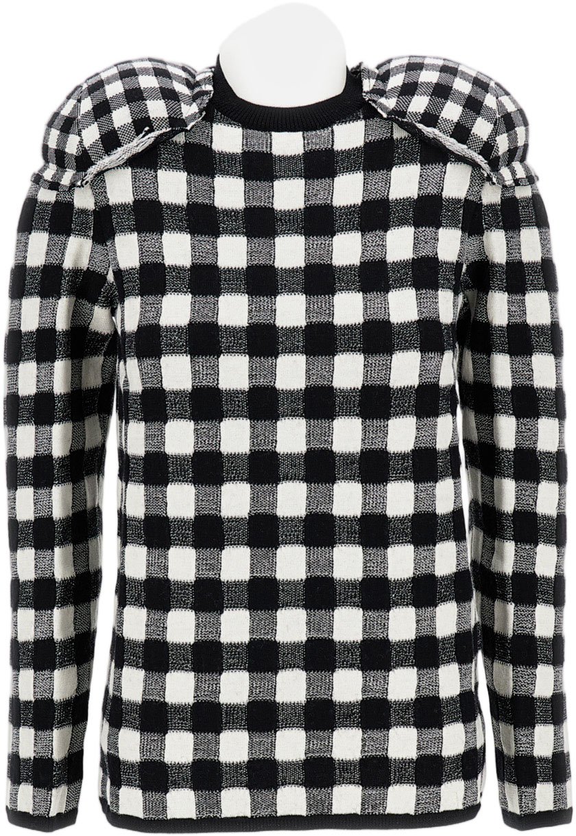 Comme des Garçons Checkered Wool Sweater With Padded Shoulders And Textured Finish Zwart