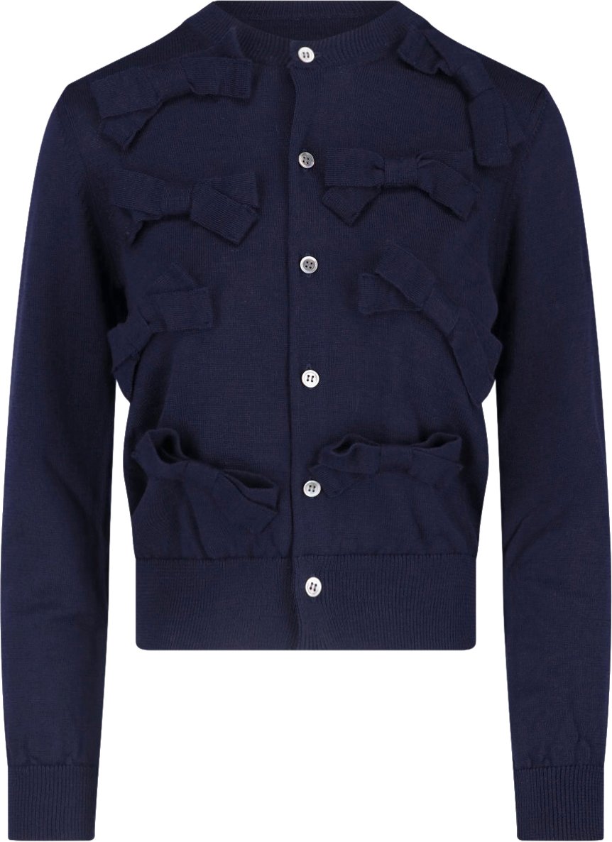 Comme des Garçons Navy Bow Detail Button-Down Cropped Sweater Blauw