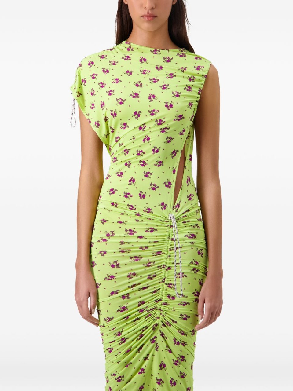 Coperni Green Floral Print Ruched Midi Dress Groen
