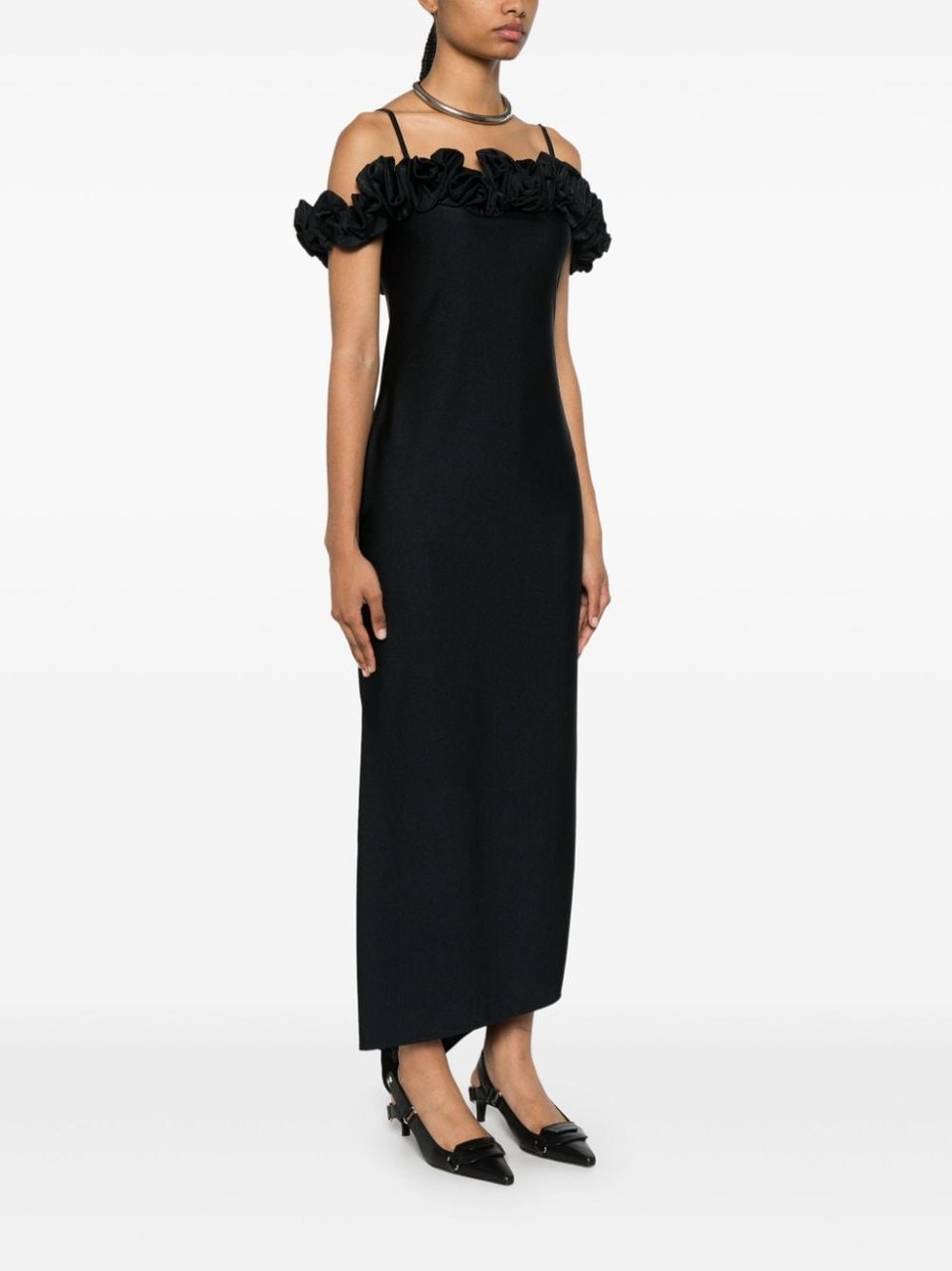 Coperni Ruffled Trim Black Midi Dress Zwart