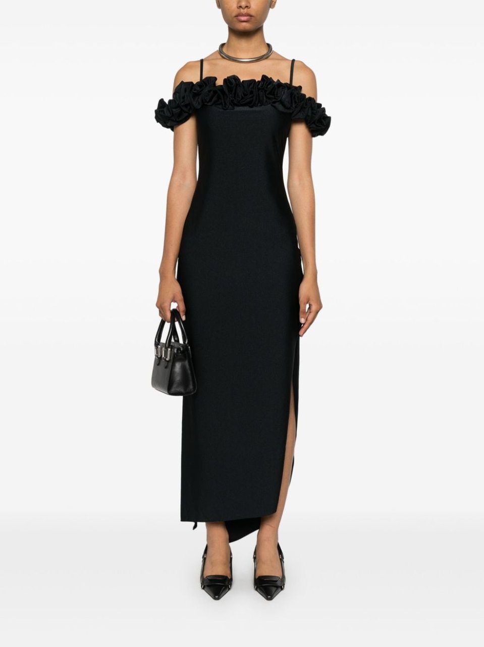 Coperni Ruffled Trim Black Midi Dress Zwart