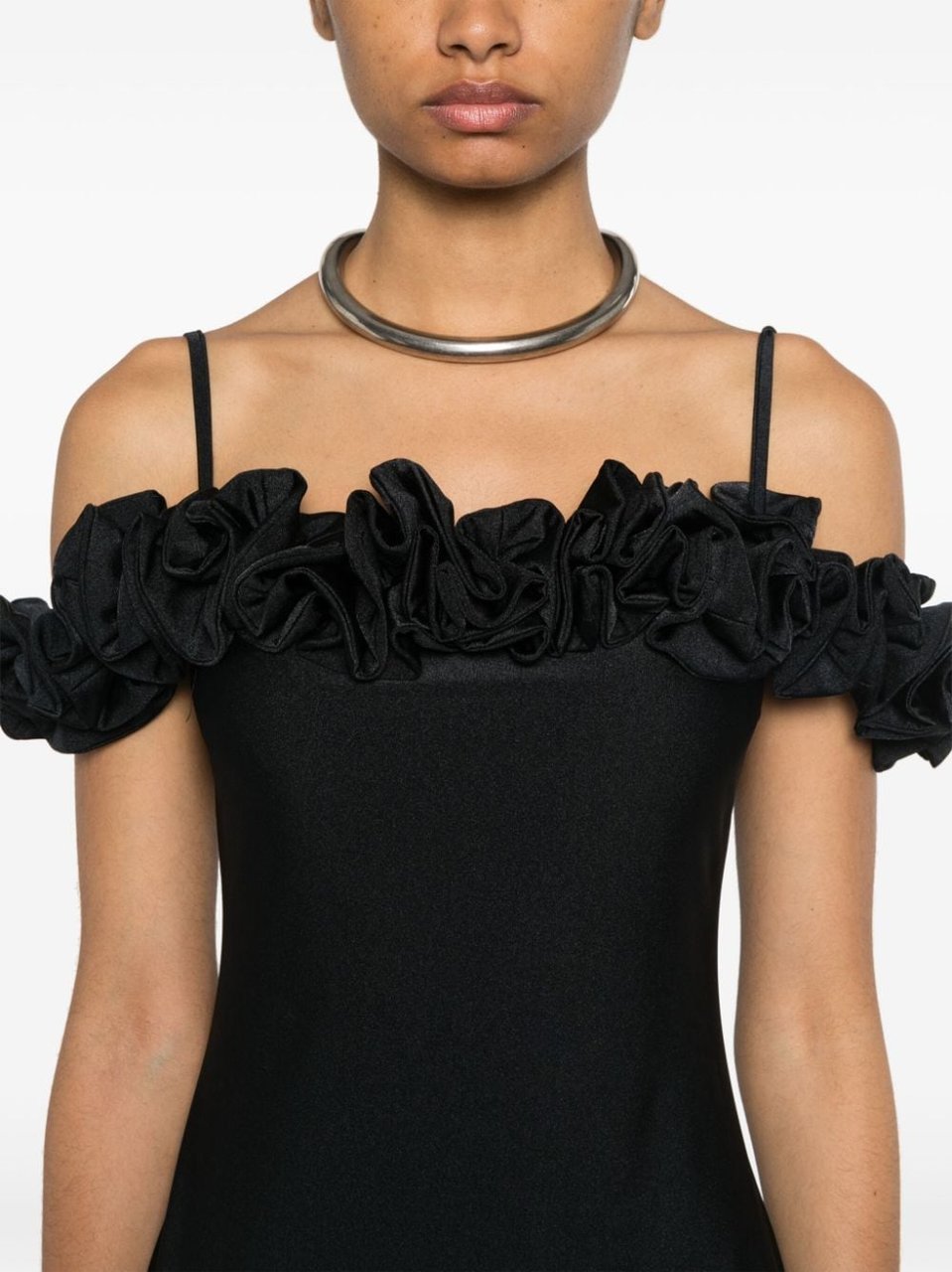 Coperni Ruffled Trim Black Midi Dress Zwart