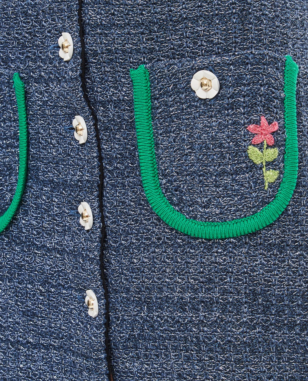CORMIO Textured A-Line Miniskirt with Floral Embroidery and Green Hem Detail Blauw