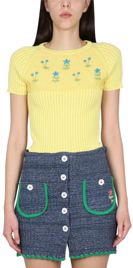 CORMIO Floral Embroidered Fitted Jersey Geel
