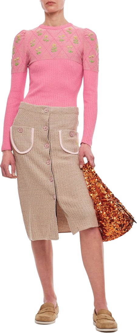 CORMIO Beige Knit Midi Skirt with Embroidered Flower Pockets Neutraal