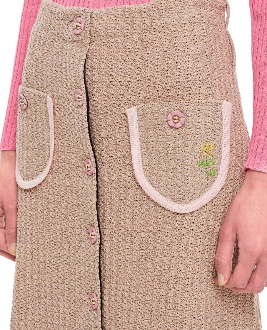 CORMIO Beige Knit Midi Skirt with Embroidered Flower Pockets Neutraal