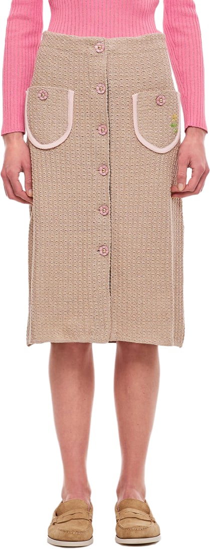 CORMIO Beige Knit Midi Skirt with Embroidered Flower Pockets Neutraal