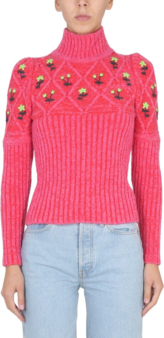 CORMIO Ribbed Knit Jersey With Floral Embroidery Maroon
