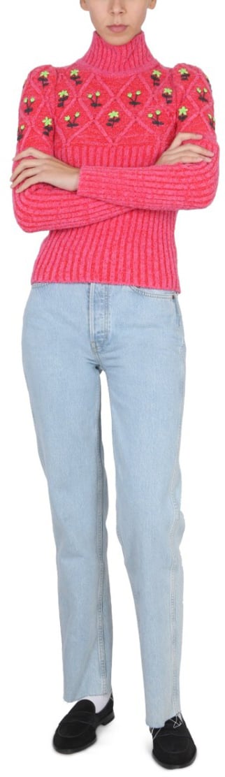 CORMIO Ribbed Knit Jersey With Floral Embroidery Maroon