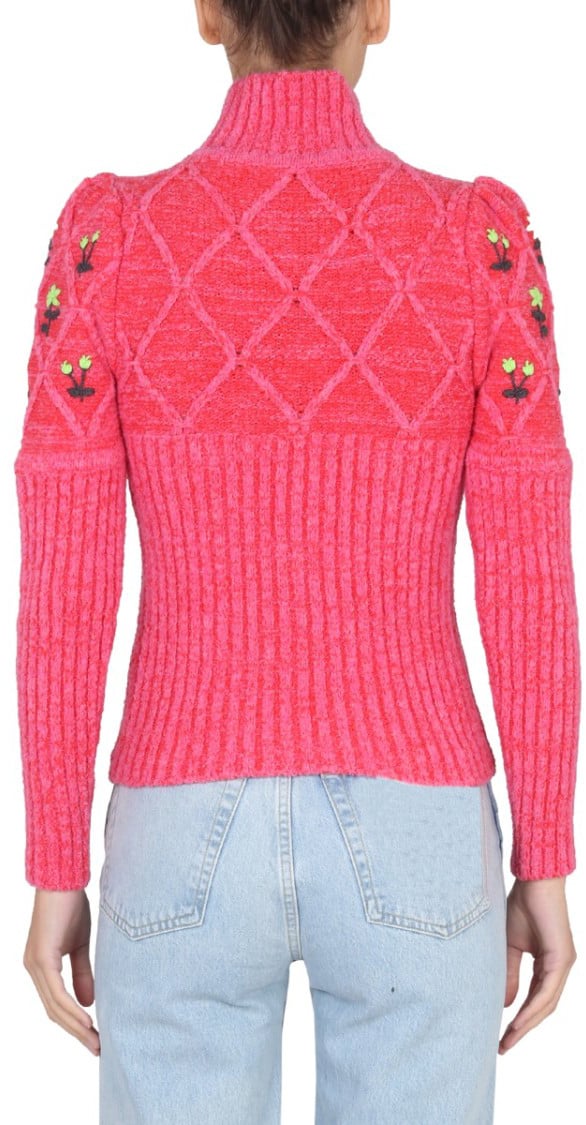 CORMIO Ribbed Knit Jersey With Floral Embroidery Maroon