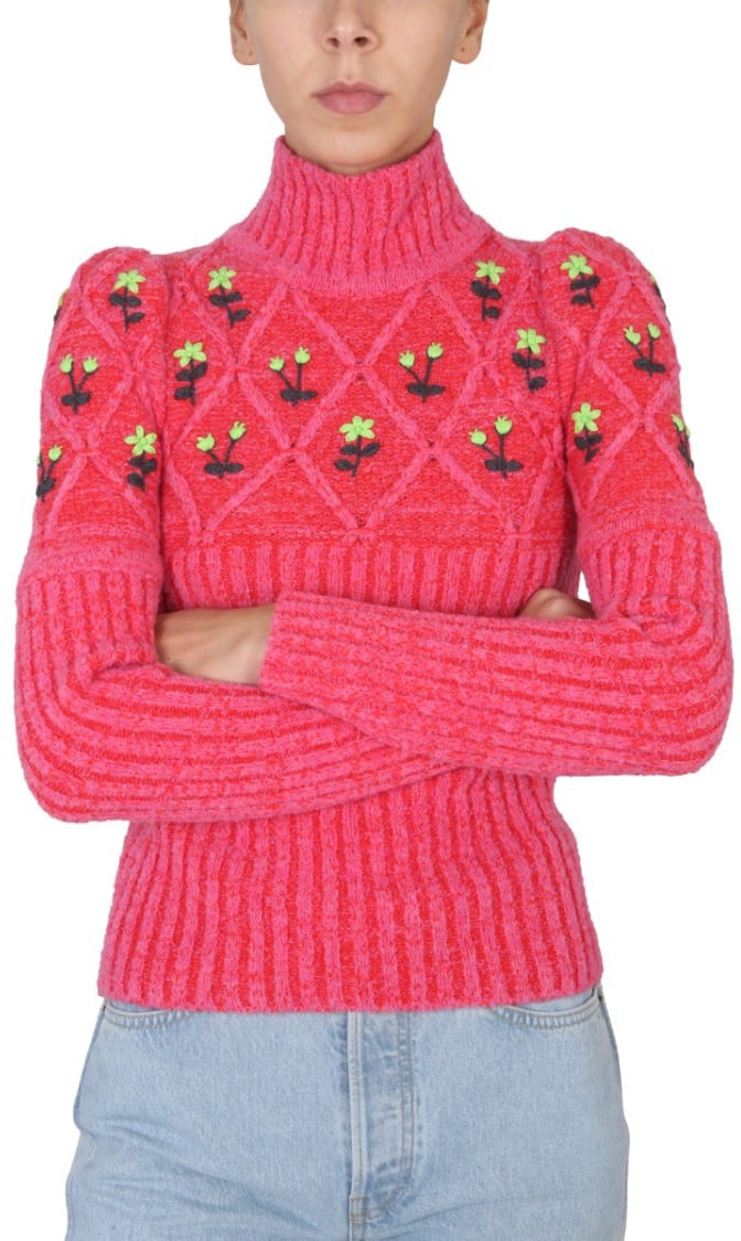 CORMIO Ribbed Knit Jersey With Floral Embroidery Maroon