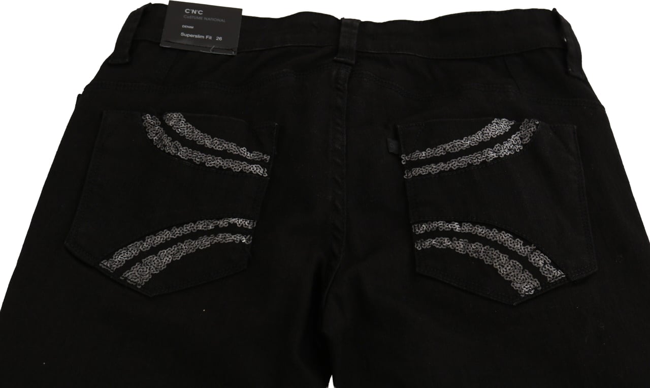 Costume National Black Sequined Mid Waist Slim Fit Denim Jeans Zwart