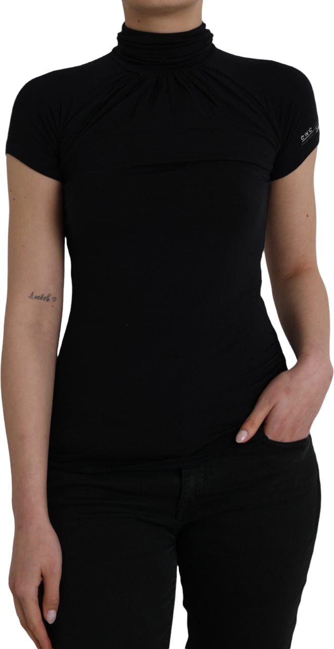 Costume National Black Turtleneck Viscose Short Sleeve Top Zwart