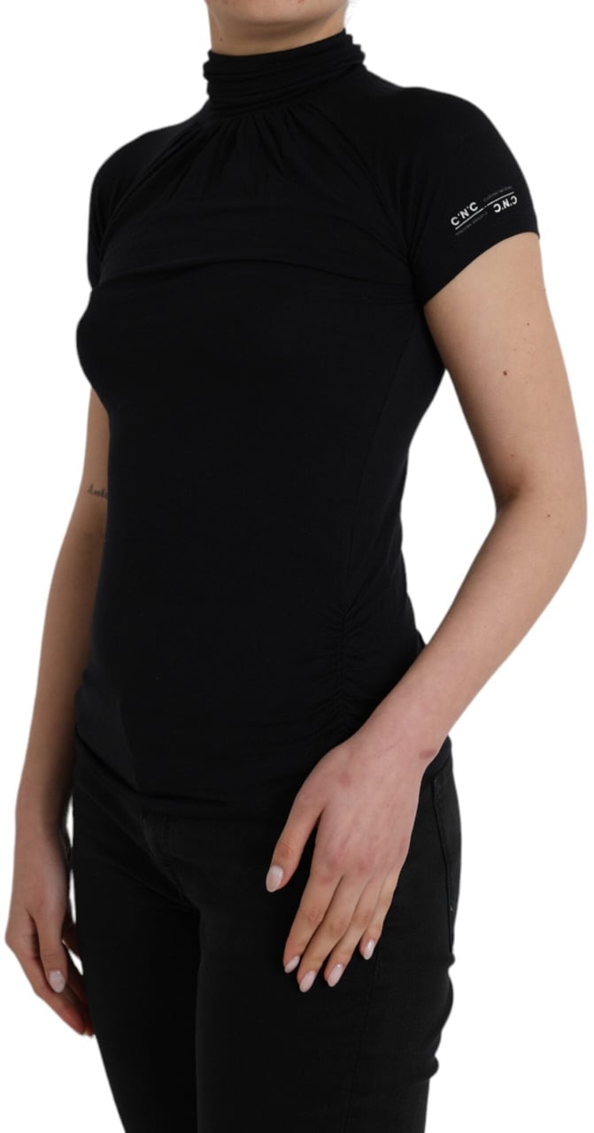 Costume National Black Turtleneck Viscose Short Sleeve Top Zwart