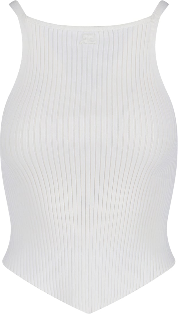 COURREGES Ribbed White Tank Top with Pointed Hem Wit