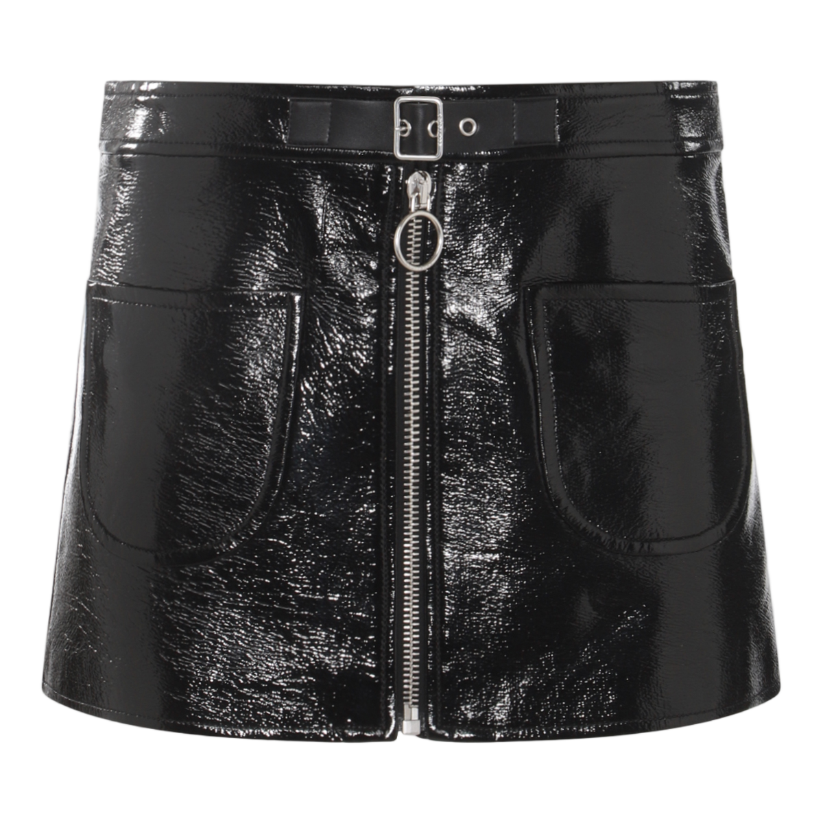 COURREGES Glossy Patent Leather Mini Skirt With Front Zipper And Belt Zwart