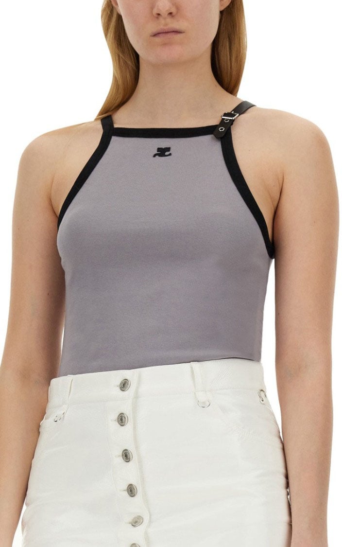 COURREGES Fitted Top With Central Logo And Contrasting Trim Grijs