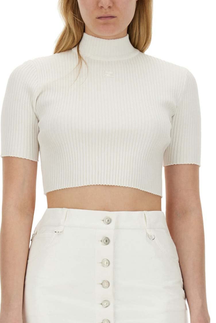 COURREGES Ribbed Fitted White Crop Top Wit