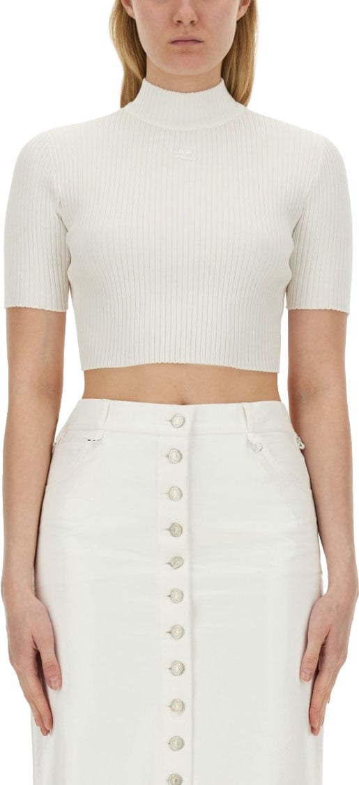 COURREGES Ribbed Fitted White Crop Top Wit