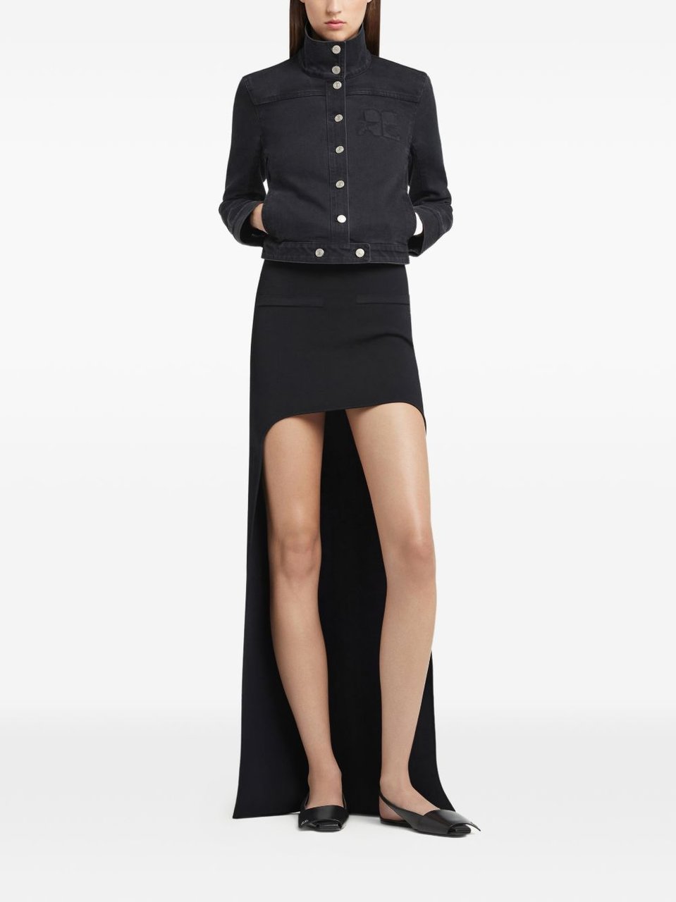 COURREGES Cropped Jacket with High Collar and Metallic Buttons Zwart