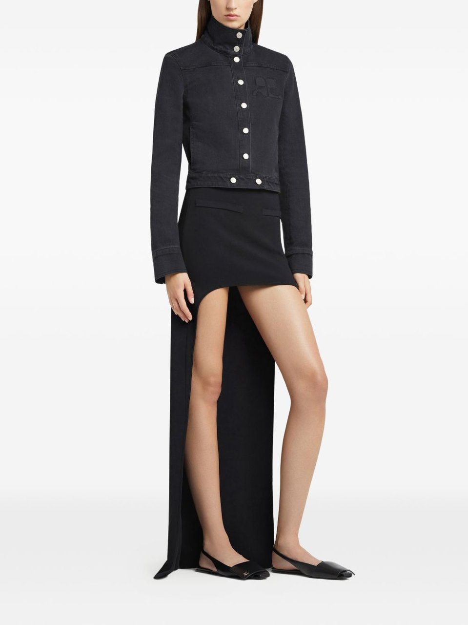 COURREGES Cropped Jacket with High Collar and Metallic Buttons Zwart