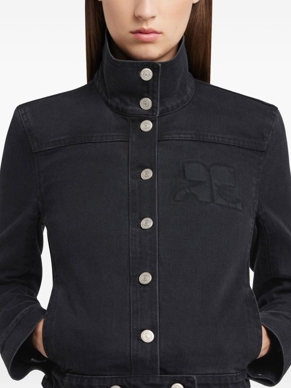 COURREGES Cropped Jacket with High Collar and Metallic Buttons Zwart