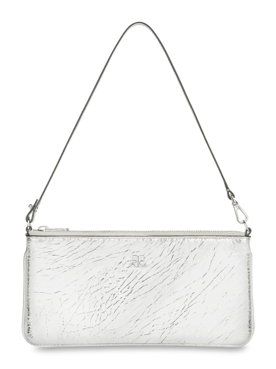 COURREGES Rectangular Zipped Pouch in Crinkled Silver Leather Wit
