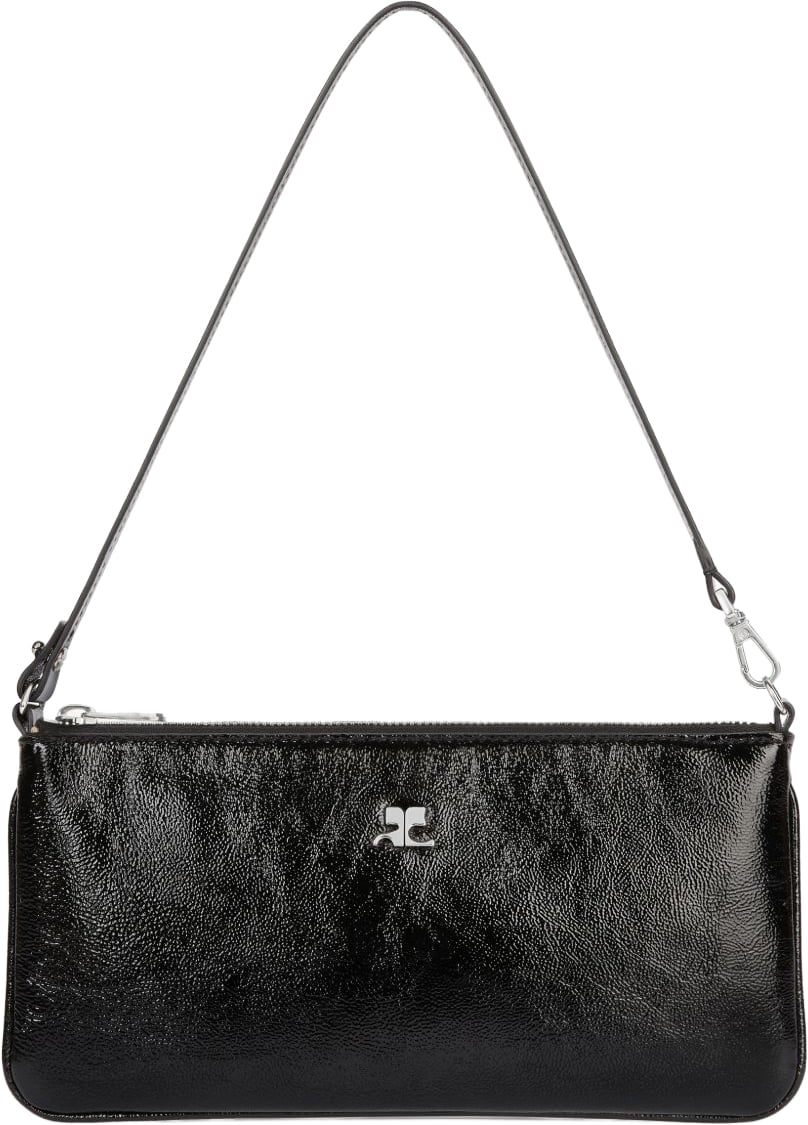 COURREGES Rectangular Black Handbag with Glossy Finish and Silver Emblem Zwart