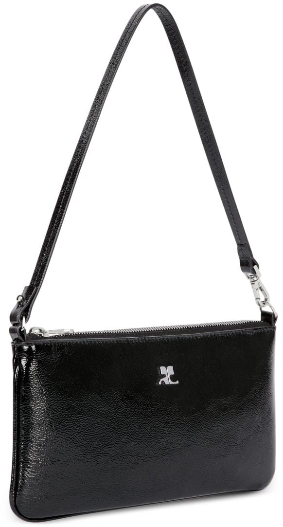 COURREGES Rectangular Black Handbag with Glossy Finish and Silver Emblem Zwart