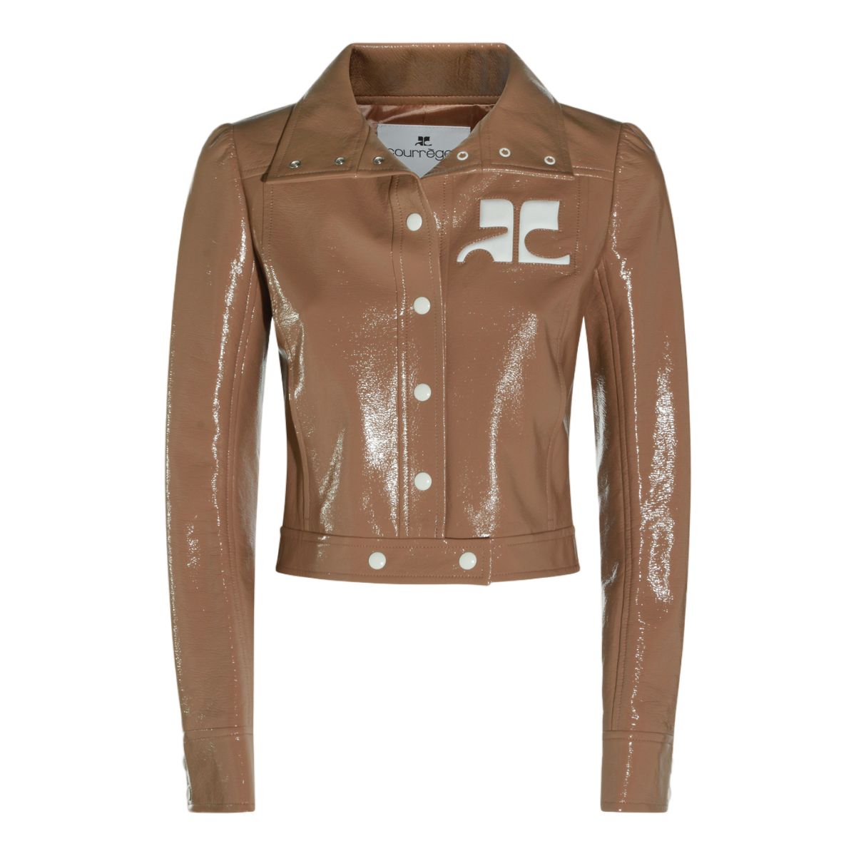 COURREGES Cropped Patent Leather Jacket with Structured Collar Bruin