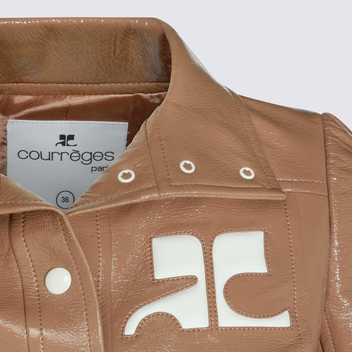 COURREGES Cropped Patent Leather Jacket with Structured Collar Bruin