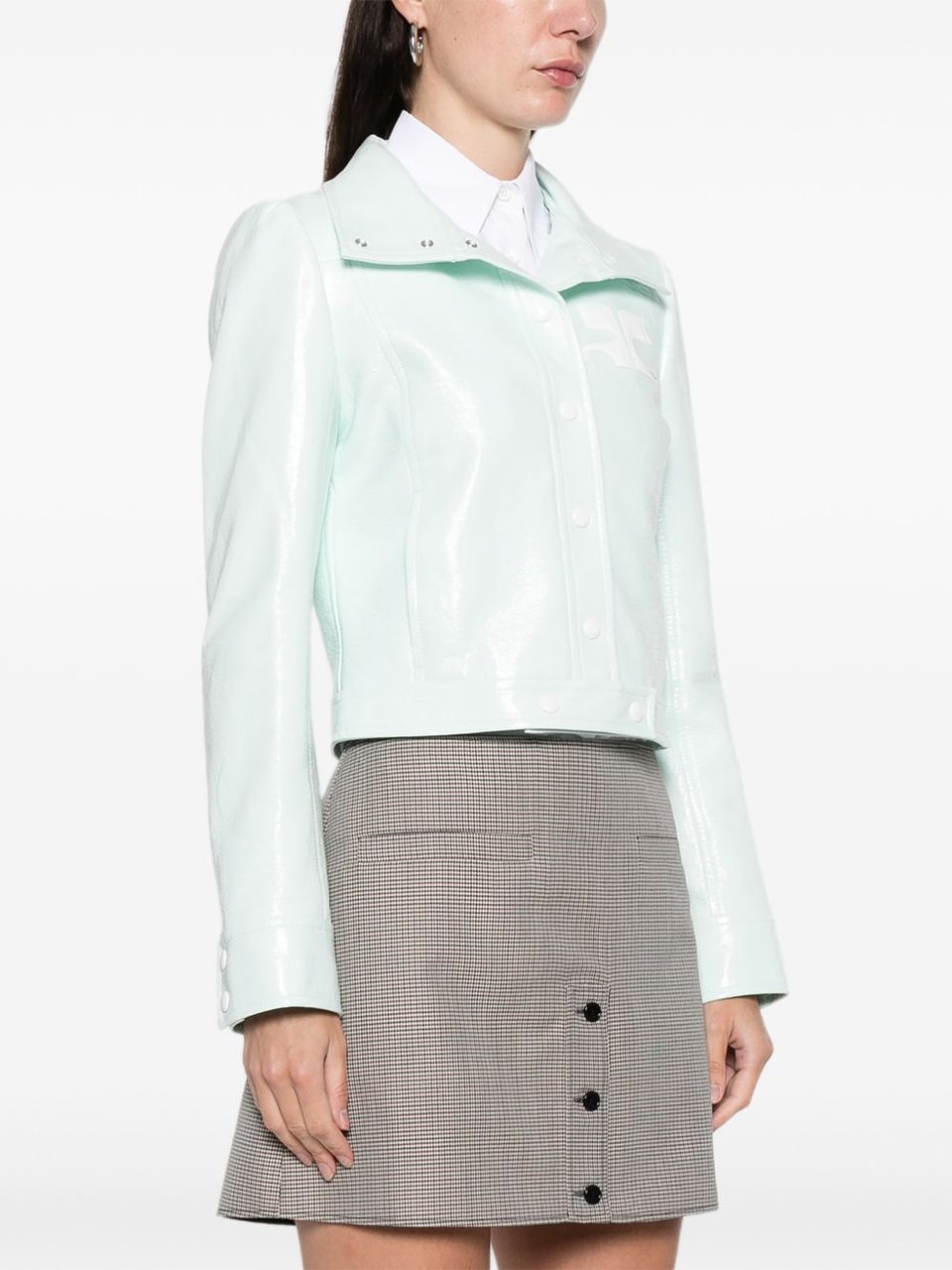 COURREGES Cropped Jacket with Glossy Patent Finish and Structured Collar Wit